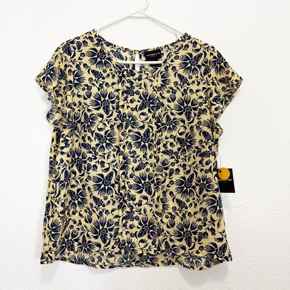 Liz Claiborne Career Yellow W/Blue Floral Cap Sleeve Blouse